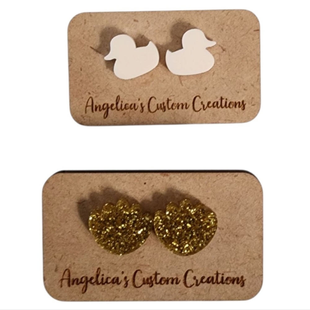 Whimsical Mix Acrylic Stud Earrings - Gold Glitter & White - 2 Pair